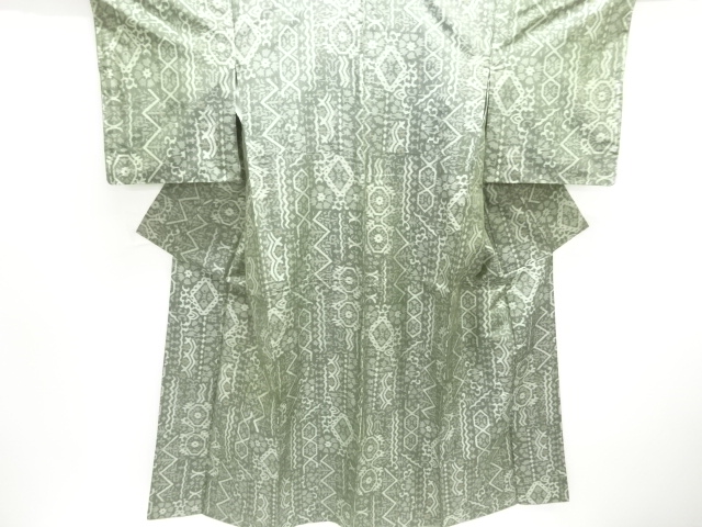 JAPANESE KIMONO / ANTIQUE ENSEMBLE KIMONO / SILK / TSUMUGI / WOVEN ABSTRACT SARASA PATTERN 